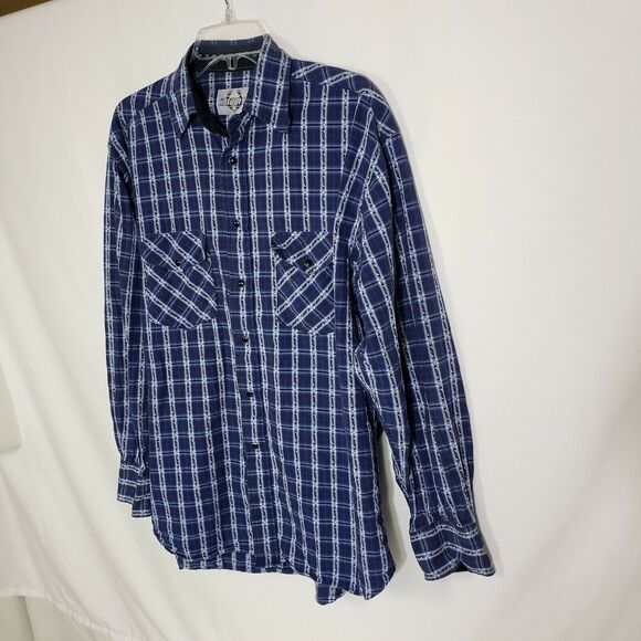 Cowboy Up Men Shirt Medium Pearl Snap Blue Plaid Long Sleeve Blue Western Pocket - Picture 4 of 11